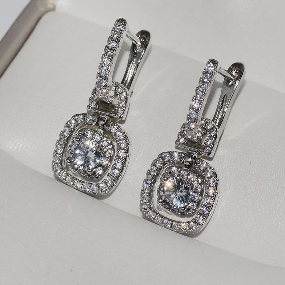 NEW Silver Round Diamond Halo Drop Huggie Hoops Earrings - Picture 2 of 3